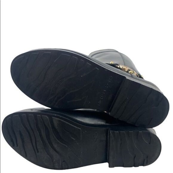 Michael Kors Fulton Harness Glossy Rubber Boots w/Gold Logo Black/Brown, Size 6 - Picture 6 of 11